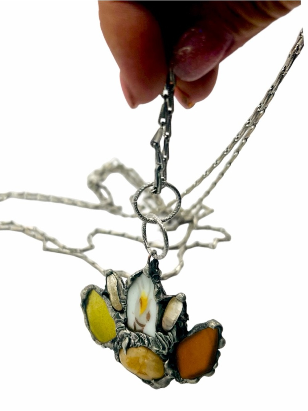 Citrine Sea Glass & China Pendant Silver Blend Metalwork & VNTG 3 Tier Necklace - Picture 11 of 11